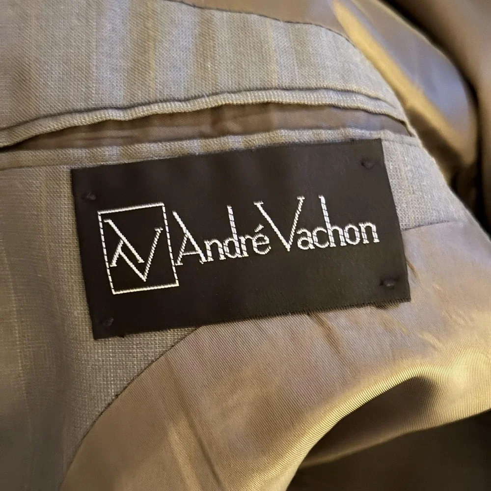 Andre‎ Vachon Suit Jacket Mens 46 Gray Pinstripe Wool Blend Double Breasted USA